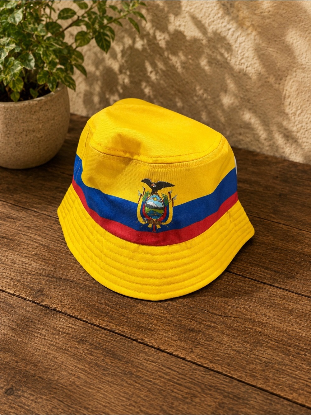 Ecuador Yellow Kids Bucket Hat with Tricolor Stripe and Crest